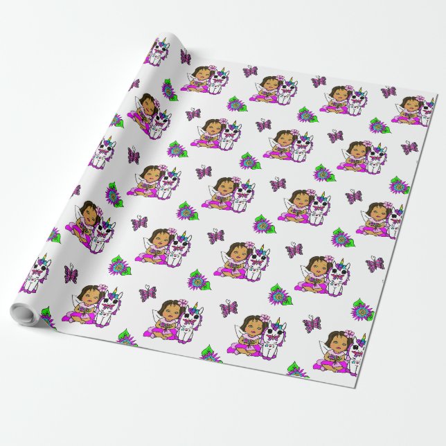Purple Whimsical  Fairy, Flowers, Butterflies Wrapping Paper (Unrolled)