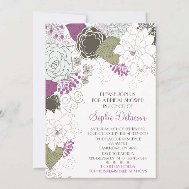 Purple Whimsical Floral Bridal Shower Invitations (Front)