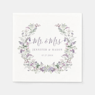 Purple whimsical floral wreath Mr Mrs wedding Napkin