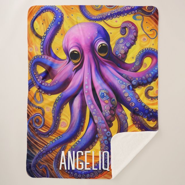 Purple Whimsical Octopus with Personalized Name Sherpa Blanket (Front)