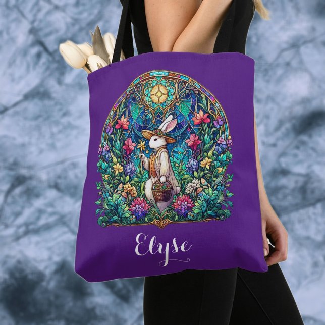 Purple Whimsical Stained Glass Easter Bunny  Tote Bag (Creator Uploaded)