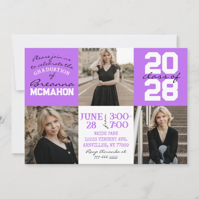 Purple & White 3 Photo Graduation Invitation (Front)