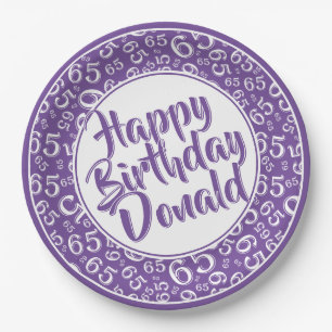 Purple/White 65th Random Number Pattern Paper Plate
