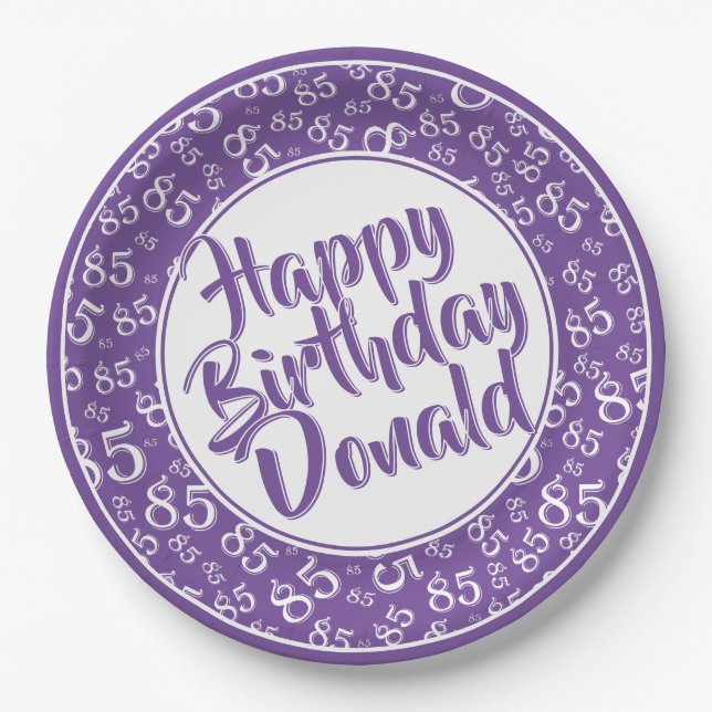 Purple/White 85th Random Number Pattern Paper Plate (Front)
