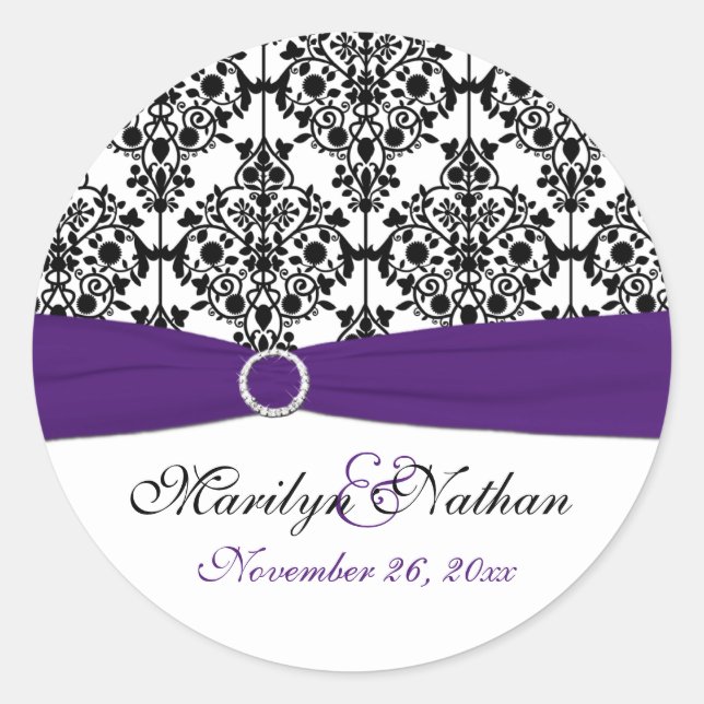 Purple, White, and Black Damask 1.5" Round Sticker (Front)