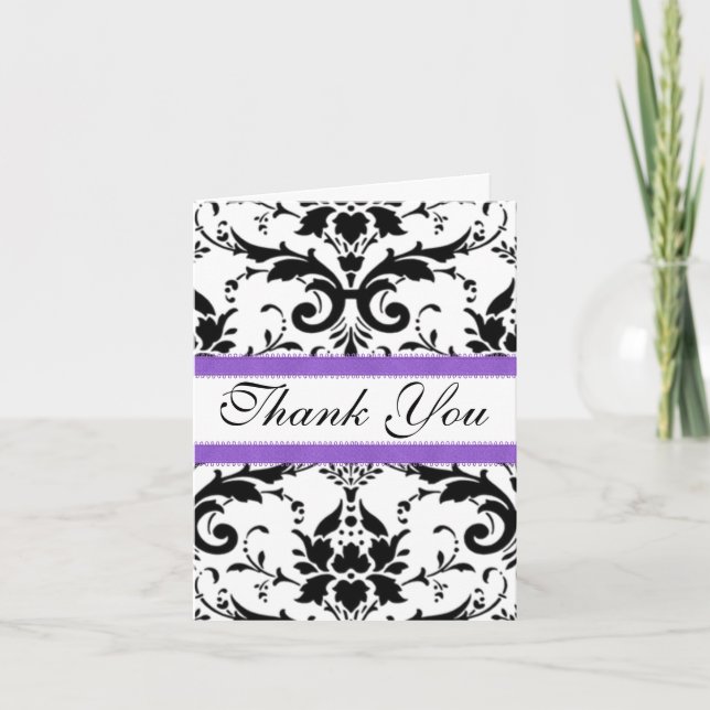 Purple, White and Black Damask Thank You Card (Front)