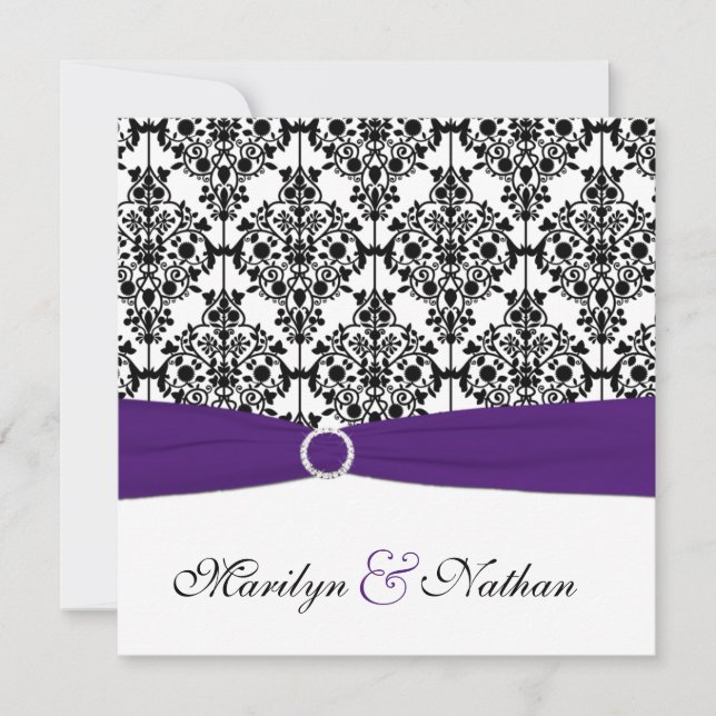 Purple, White and Black Damask Wedding Invitation (Front)