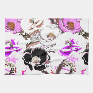 Purple, white and black flowers. kitchen towel