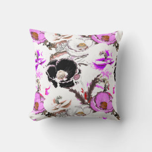 Purple, white and black flowers. throw pillow