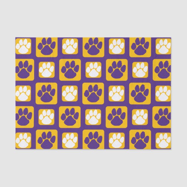 Purple, White and Gold Repeating Pawprint  Tissue Paper (Front)