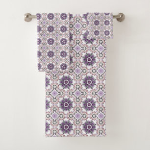 Purple, white and grey geometric mandala pattern  bath towel set
