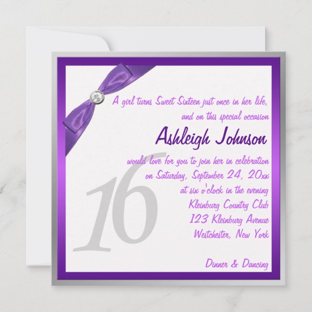 Purple, White, and Silver with Crystal Sweet 16 Invitation (Front)