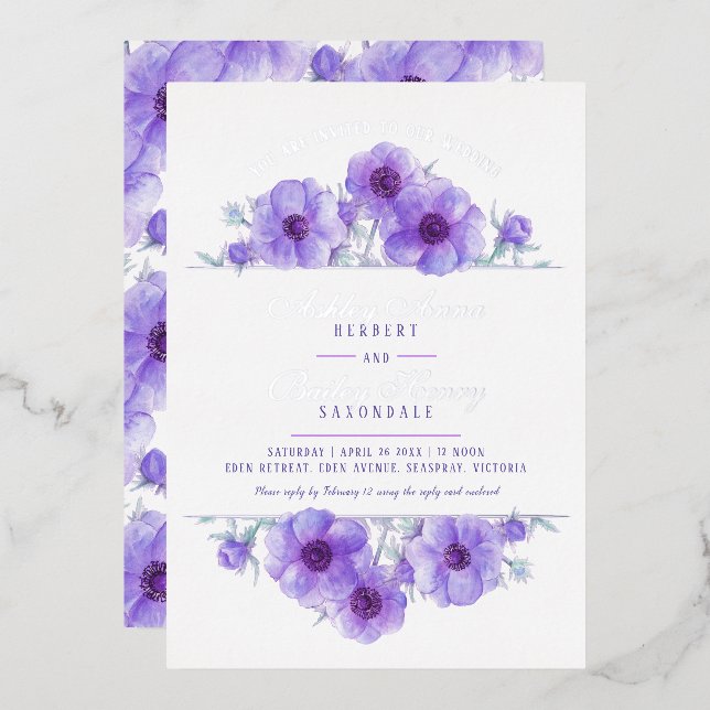Purple white anemone floral watercolor wedding (Front/Back)