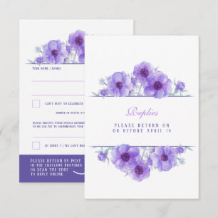 Purple white anemone floral wedding QR reply RSVP  Card
