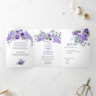 Purple & White Anemones, Purple Lilacs Floral Tri-Fold Invitation