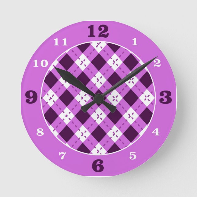 Purple/White Argyle Plaid Round Clock (Front)