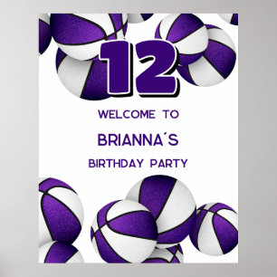 purple white basketballs birthday party welcome poster