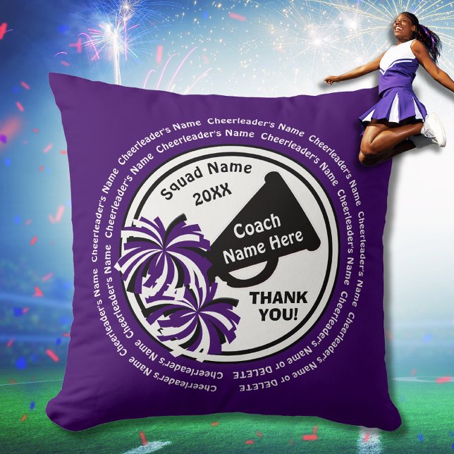 Purple, White, Black, Cheerleader or Cheer Coach   Throw Pillow (Cheerleading Coach Gifts. Personalized Cheer Coach Gifts. )