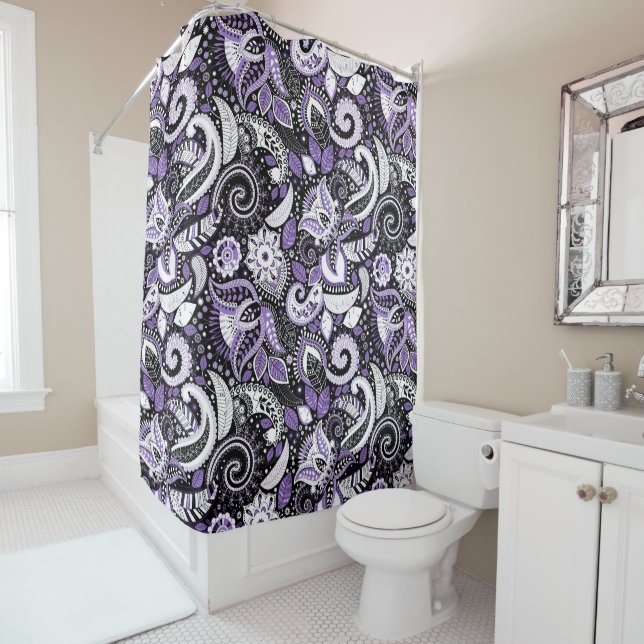 Purple White Black Paisley Print Pattern (In Situ)