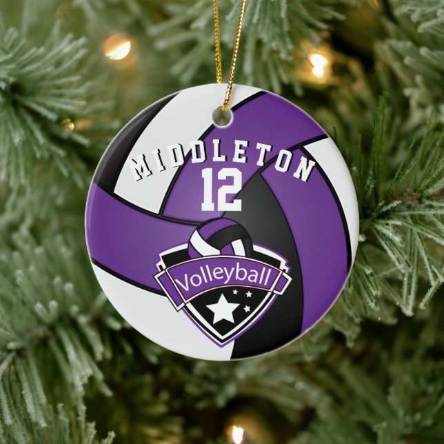 Purple, White & Black Personalize Volleyball 🏐 Ceramic Ornament (Tree)