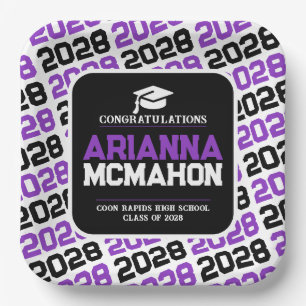 Purple, White & Black Personalized Graduation Pape Paper Plate