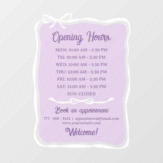 Purple White Bow Frame Small Business Open Hours Window Cling
