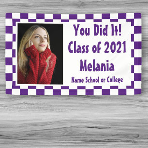 Purple White Checkerboard Photo Graduation Banner