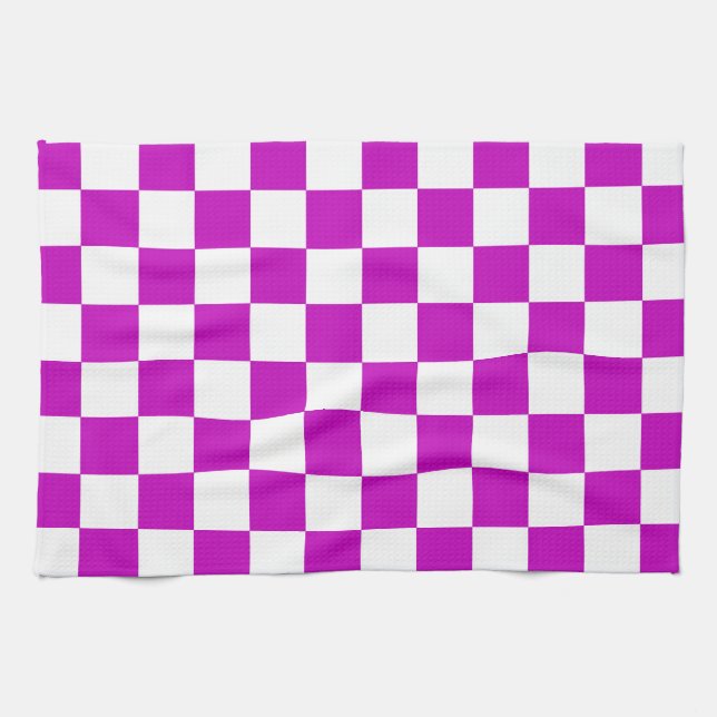 Purple White Chequered Check Pattern Kitchen Towel (Horizontal)