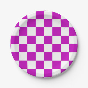 Purple White Chequered Check Pattern Paper Plate