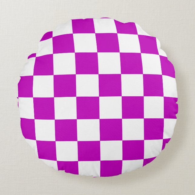 Purple White Chequered Check Pattern Round Pillow (Front)