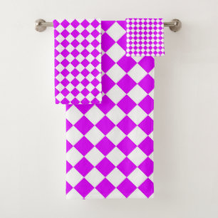Purple White Chequered Diamond Pattern Bath Towel Set