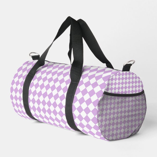 Purple White Chequered Diamond Pattern Duffle Bag (Right Corner)