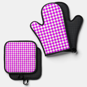 Purple White Chequered Diamond Pattern Oven Mitt & Pot Holder Set