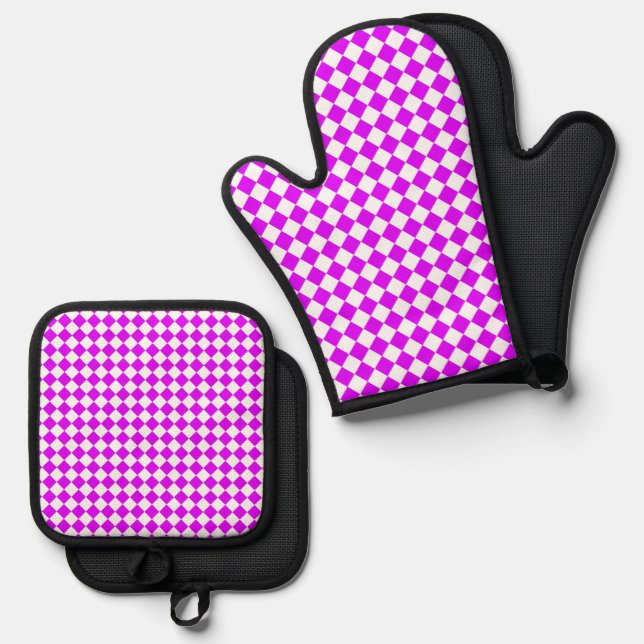 Purple White Chequered Diamond Pattern Oven Mitt & Pot Holder Set (Front/Back)