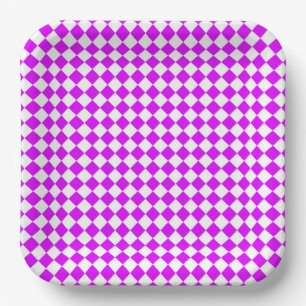 Purple White Chequered Diamond Pattern Paper Plate