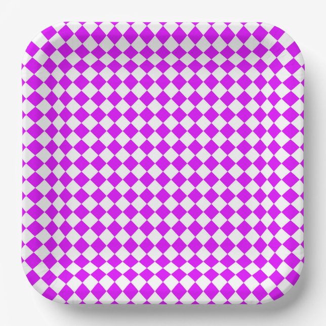 Purple White Chequered Diamond Pattern Paper Plate (Front)