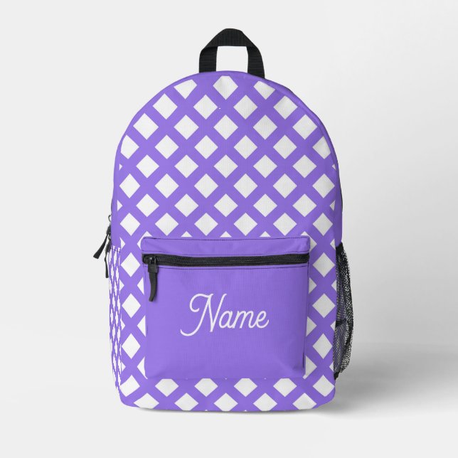 Purple White Chequered Diamond Pattern Printed Backpack (Front)