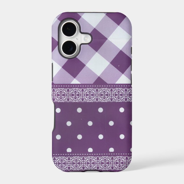 Purple White Chequered Polka Dot Floral Damask Art (Back)