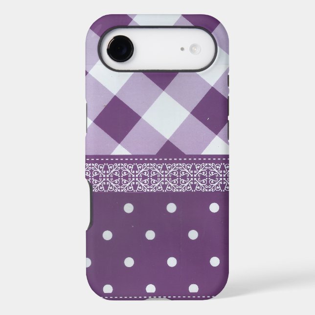 Purple White Chequered Polka Dot Floral Damask Art (Back)