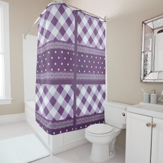 Purple White Chequered Polka Dot Floral Damask Art (In Situ)
