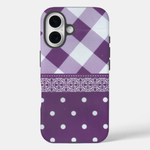 Purple White Chequered Polka Dot Floral Damask Art iPhone 16 Case