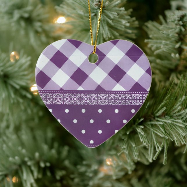Purple White Chequered Polka Dot Floral Damask Art Ceramic Ornament (Tree)