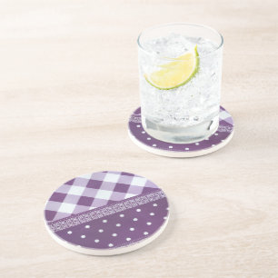 Purple White Chequered Polka Dot Floral Damask Art Coaster