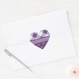 Purple White Chequered Polka Dot Floral Damask Art Heart Sticker