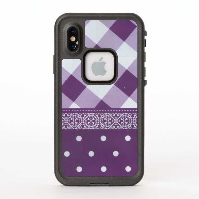 Purple White Chequered Polka Dot Floral Damask Art LifeProof iPhone Case (Back)