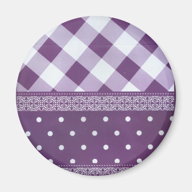 Purple White Chequered Polka Dot Floral Damask Art Magnet (Front)