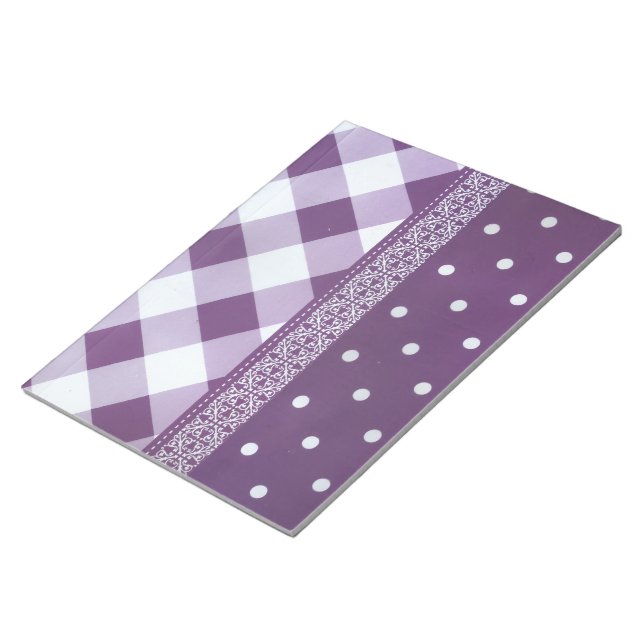 Purple White Chequered Polka Dot Floral Damask Art Notepad (Angled)