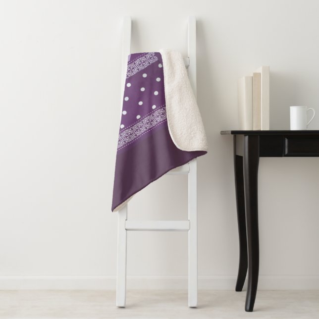 Purple White Chequered Polka Dot Floral Damask Art Sherpa Blanket (In Situ)