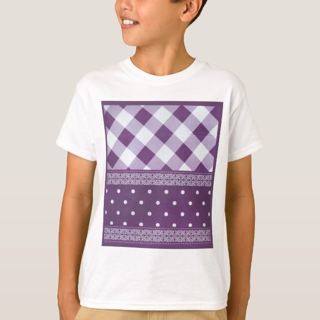 Purple White Chequered Polka Dot Floral Damask Art T-Shirt (Front)