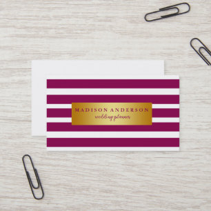 Purple & White Chic Stripes in Gold Business Card